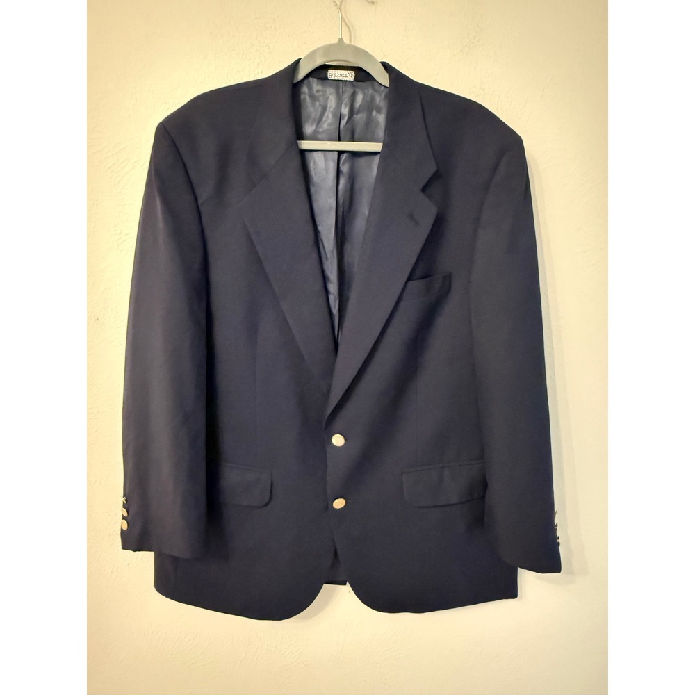 Burberrys Vintage Mens Navy Blue Blazer Gold Knight Logo Buttons 2 Button Jacket